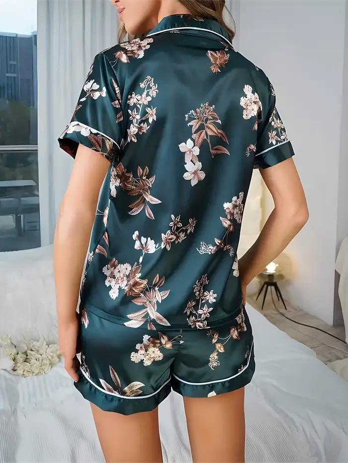 Pyjama pour femmes, ensemble de vêtements de détente imprimés floraux élégants, haut à manches courtes avec col à revers et boutons, short à taille élastique, ensemble de pyjama pour femmes