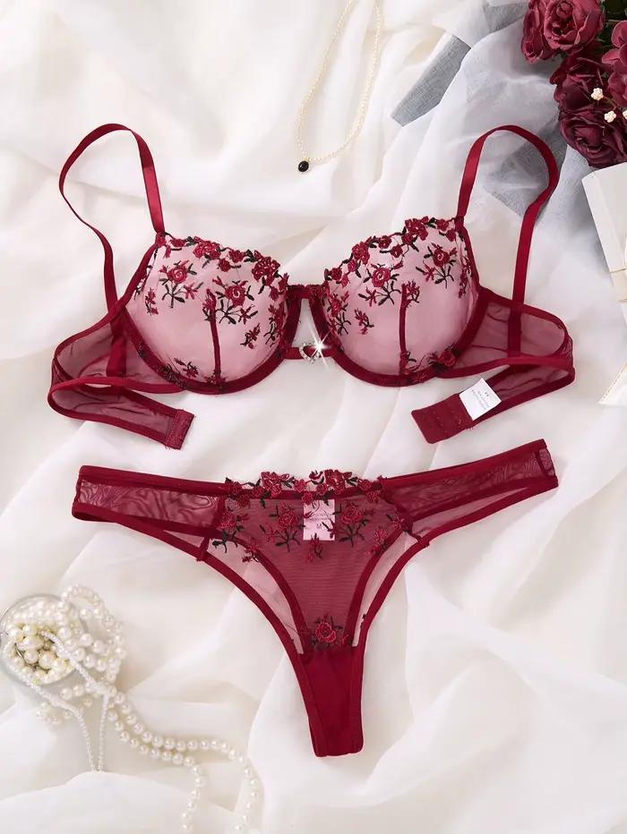 Ensemble de lingerie en dentelle brodée florale de style français rouge bordeaux, soutien-gorge transparent sexy et pur désir, pour la Saint-Valentin ZA824026