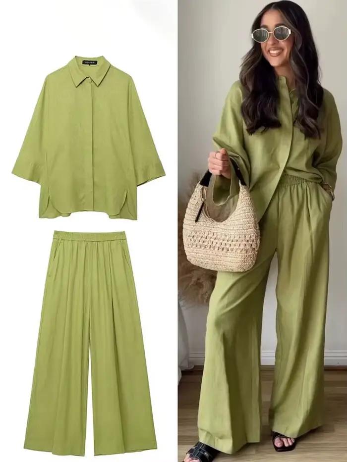 Ensemble pantalon et blouse HH pour femme, style high street, printemps et été, élégant et confortable pour le bureau et les occasions sociales