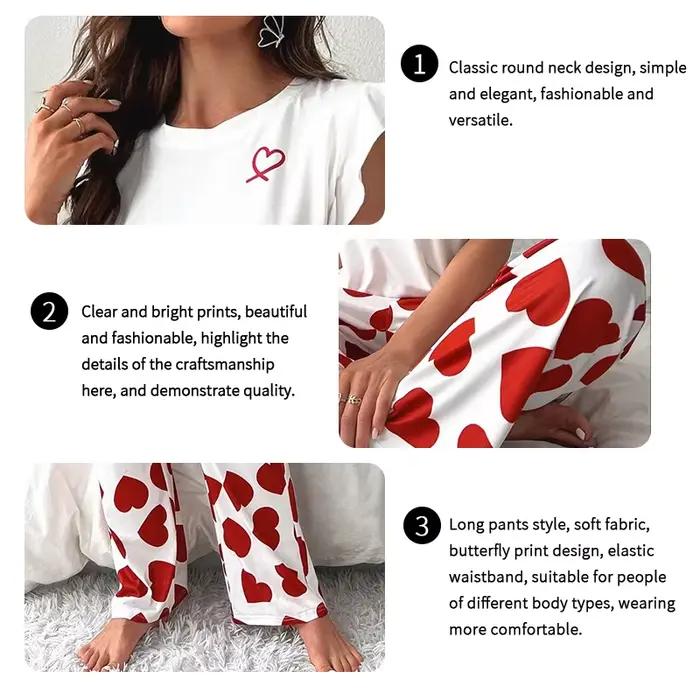 Ensemble de pyjama imprimé cœur et lettre pour femme, manches courtes, pantalon taille élastique, vêtements de maison décontractés