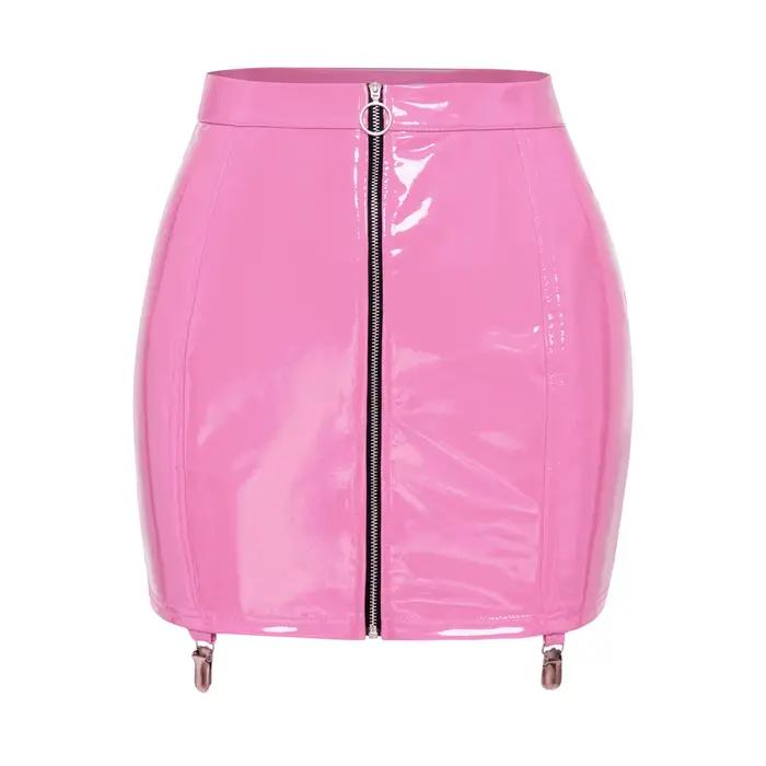 Tenues de pole dance pour femmes, effet cuir PU, tenue de clubbing, crop top découpé, fermeture éclair avant, dentelle florale au dos, mini-jupe moulante