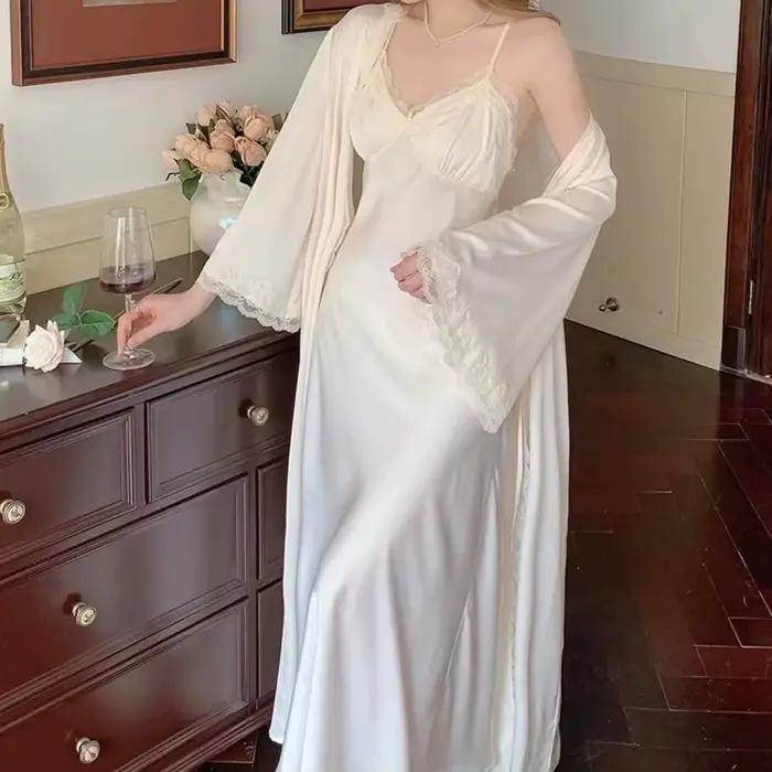 Ensemble De Robe De Style princesse, 2 pièces, Chemise De nuit Sexy en dentelle, Patchwork, Chemise De nuit, vêtements De nuit, longue Robe De maison