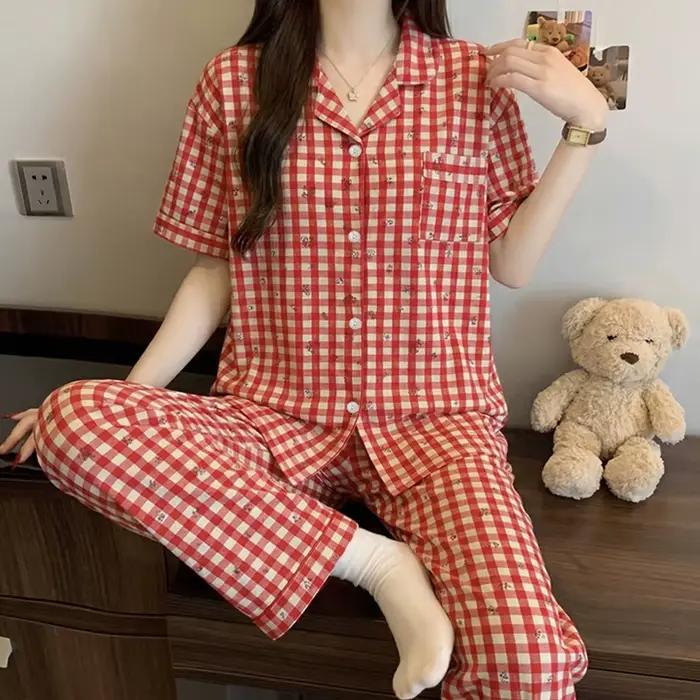 Pyjama d'été vintage à carreaux rouges à manches courtes pour filles ; Ensemble de vêtements de détente d'été à manches courtes et pantalon long en jacquard, sensation de luxe