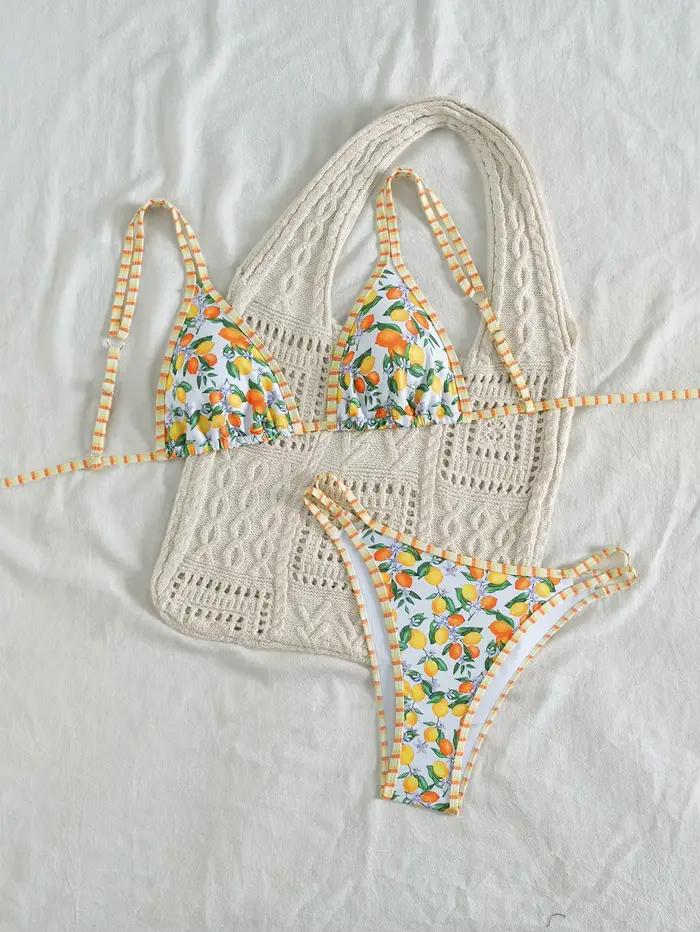 Micro bikini sexy imprimé orange 2026 pour femme, avec soutien-gorge push-up à double bretelle et string échancré, maillot de bain de plage et de vacances