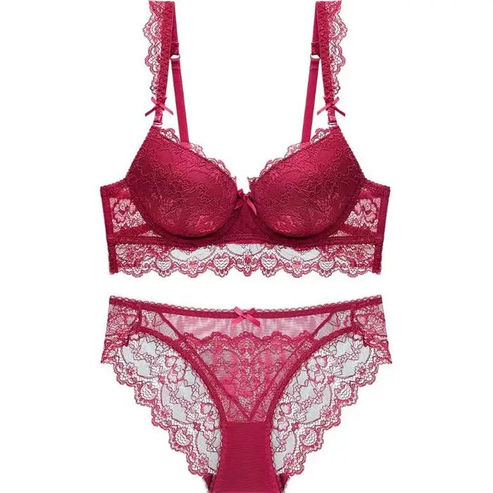 Ensemble de lingerie sexy en dentelle brodée pour femme, soutien-gorge push-up, sous-vêtements rouges romantiques, ensembles de soutiens-gorge et culottes confortables, grande taille, Europe
