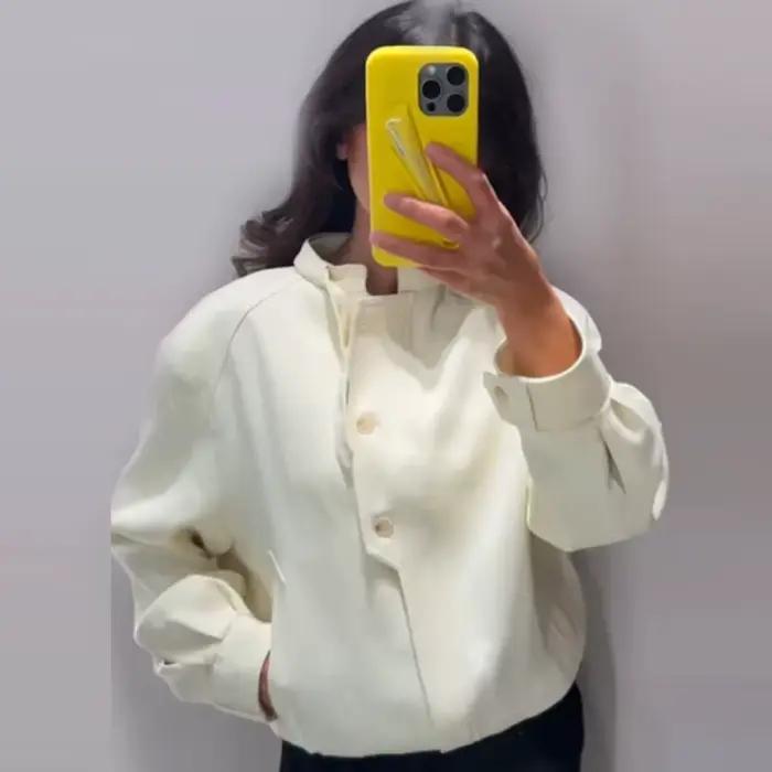 HXAO 2025 Dámska bomber bunda jeseň zima gombík oversized vonkajšie oblečenie Béžová s dlhými rukávmi top nový