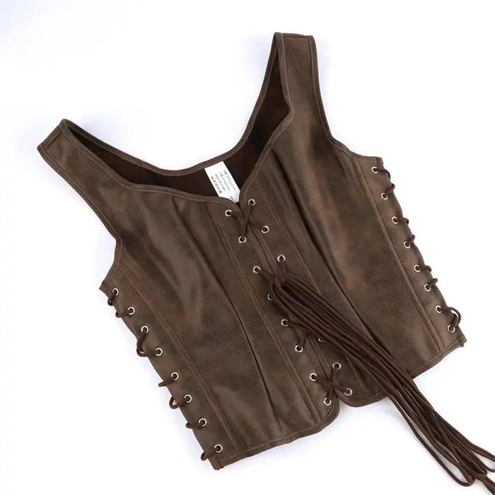 Hnedý korzetový top v štýle vintage steampunk pre ženy