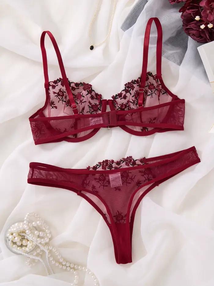 Ensemble de lingerie en dentelle brodée florale de style français rouge bordeaux, soutien-gorge transparent sexy et pur désir, pour la Saint-Valentin ZA824026