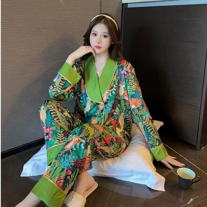 Pyjama de luxe imprimé fleur d'animal, col en v, ensemble pour femmes, décontracté, costume de maison, vêtements de nuit assortis, doux, coréen, nouvelle collection automne 2024