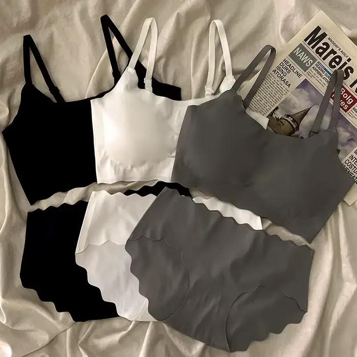Ensemble soutien-gorge et culotte sans couture à bord festonné pour femmes, ensemble de lingerie confortable sans fil gris noir blanc respectueux de la peau