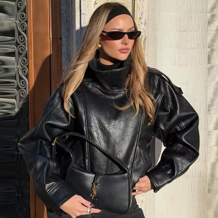 HXAO Čierna bunda z umelej kože pre ženy nový strih oversized bomber