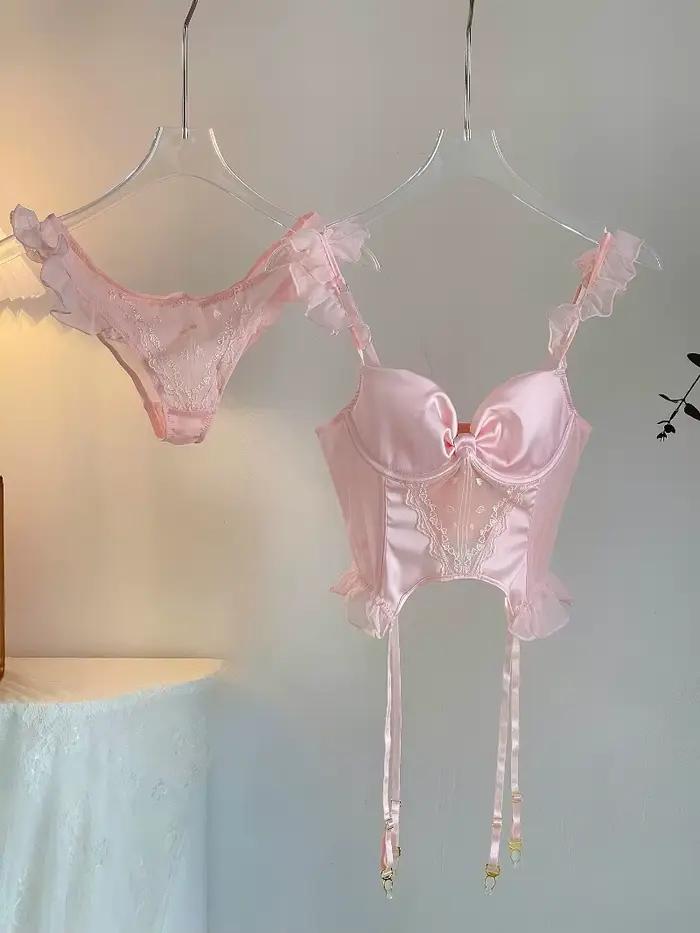 Rose femmes intimes soutien-gorge à armatures et tongs dames ensemble de sous-vêtements bouton arrière Push-Up Lingerie