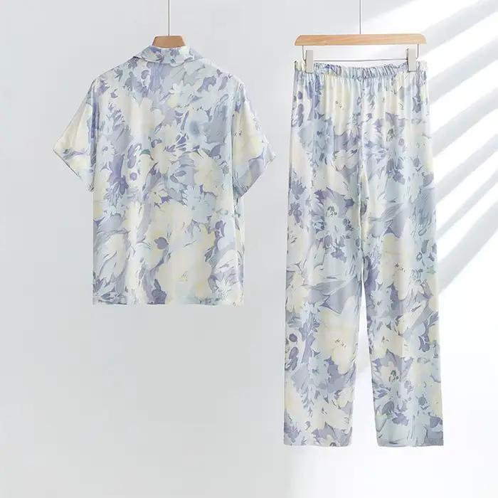 Femmes deux pièces printemps été pyjamas costumes fleur imprimé à manches longues Pijama matériel confortable Satin hauts avec pantalon pyjamas