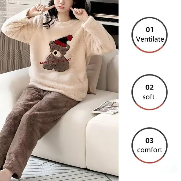 Épaissi chaud grande taille rembourré automne et hiver femmes pyjamas haut et pantalon ensemble corail velours dames dessin animé ours 2 pièces/ensemble