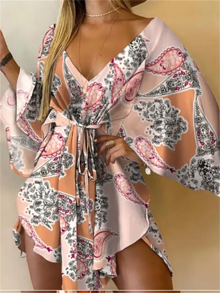 Dámske šaty s potlačou Sexy výstrih do V netopierie rukávy volániky kvety potlač boho plážové letné