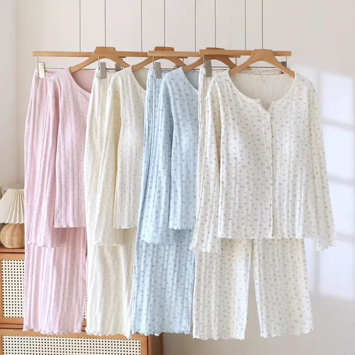 Ensemble de pyjama en coton tricoté jacquard à fleurs, style pastoral, de haute qualité, doux et confortable, pour femmes, printemps et automne