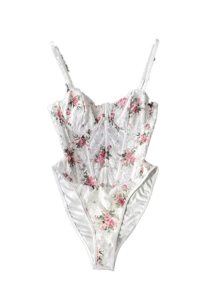 Foamlina européen blanc doux Floral Bandeau licou body haut femmes été arête de poisson taille cintrée coupe ajustée dentelle barboteuse