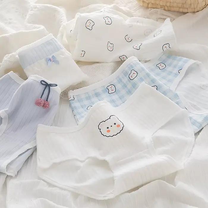 Culottes en coton pur pour femmes, en dentelle, confortables, sans couture, sous-vêtements mignons pour filles, culotte ours de dessin animé, taille moyenne, 3 pièces/ensemble
