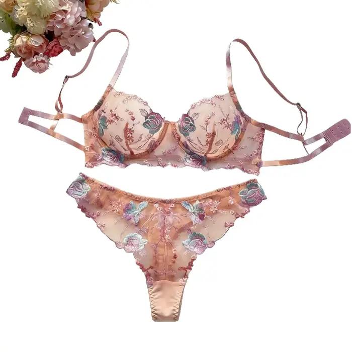 Ensemble soutien-gorge et culotte brodés pour femme, couleur pastel, avec armatures, bonnet supérieur fin, sans couture, pour usage quotidien