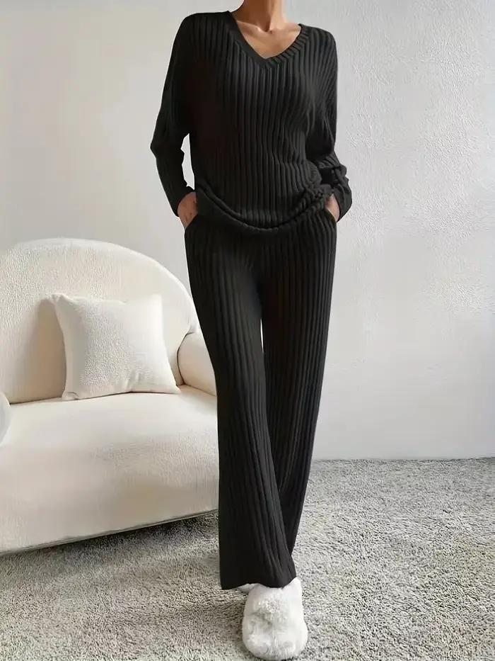 Ensemble pyjama 2 pièces pour femmes, vêtements de nuit, col en v, hauts et pantalons en tricot côtelé, vêtements de maison décontractés, automne et hiver