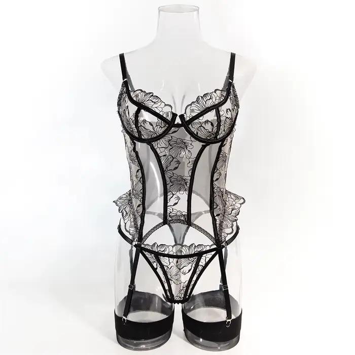 InstaBay – ensemble de lingerie brodée de luxe, 3 pièces, corsets et culottes sexy en maille patchwork, tenues érotiques avec bas