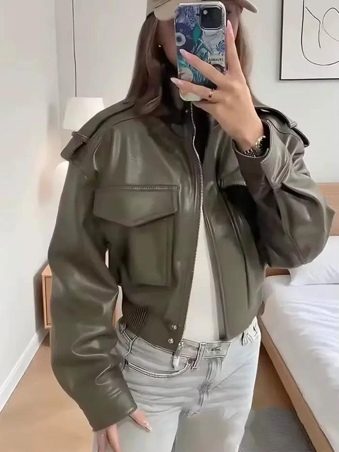 HH Dámska vintage bomber bunda z umelej kože s krátkym strihom