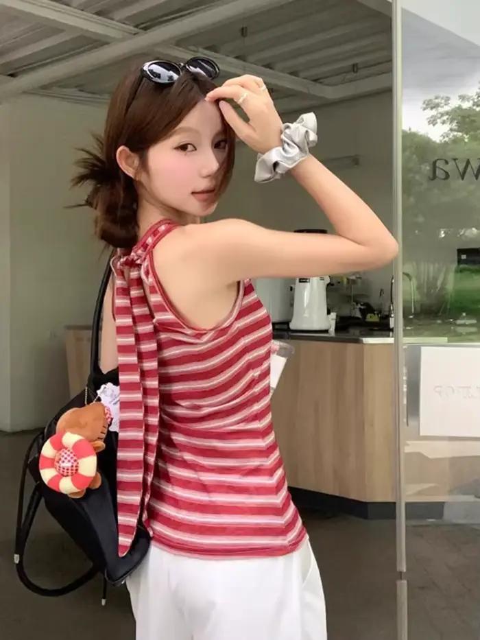 Débardeurs sexy et élégants à rayures pour femmes, avec dos ajouré et nœud à lacets, style décontracté chic d'été, hauts sans manches à col halter