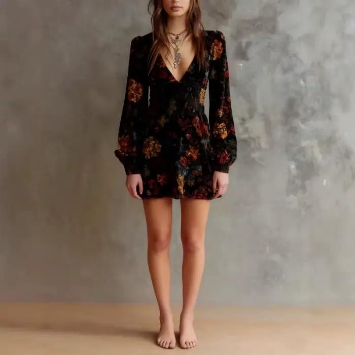 Robe Vintage élégante en velours imprimé Floral, col en v, taille Sexy, manches longues, ligne a, lanterne noire, robe de nuit Chic