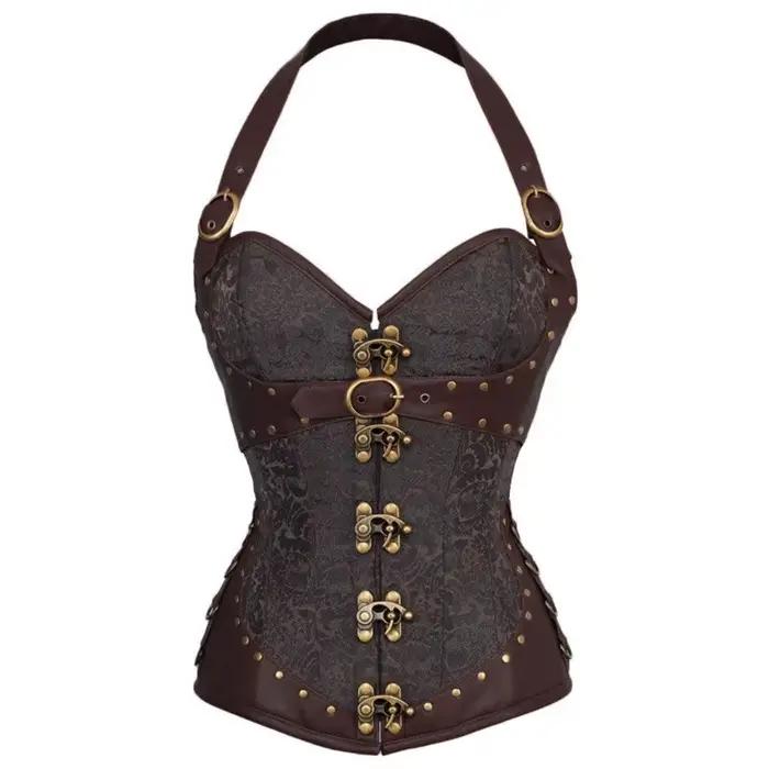 2 couleurs PU gothique licou Corselet Rivet dos pansement Corsage femmes Sexy Shaper Faux cuir érotique dentelle ferme Corsets Bustier