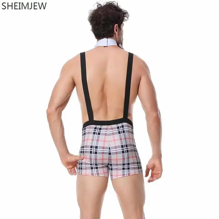 Qqa 2025 Plaid Noir Sexy Costume de serveur de Lingerie, tenue à bretelles, Costumes d'halloween pour hommes, vêtements de club de fête
