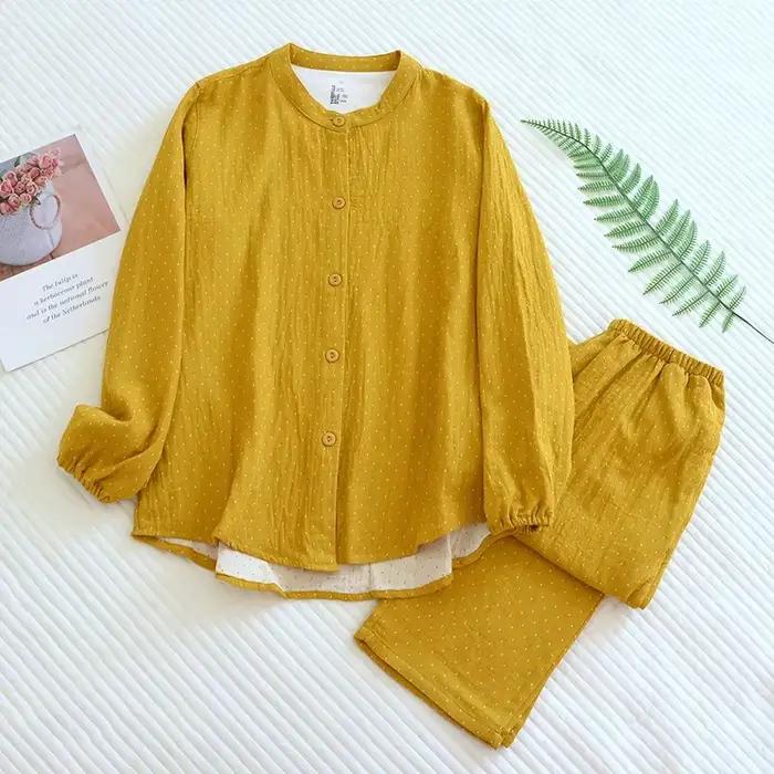 Pyjama en gaze de coton teint à pois pour femmes, ensemble de nuit Simple et décontracté à manches longues et col rond