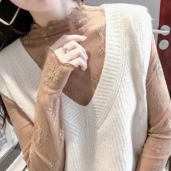 T-Shirts en maille pour femmes, chemisier en dentelle transparente, manches longues, hauts transparents pour femmes, chemise à bascule, T-Shirts transparents, haut court