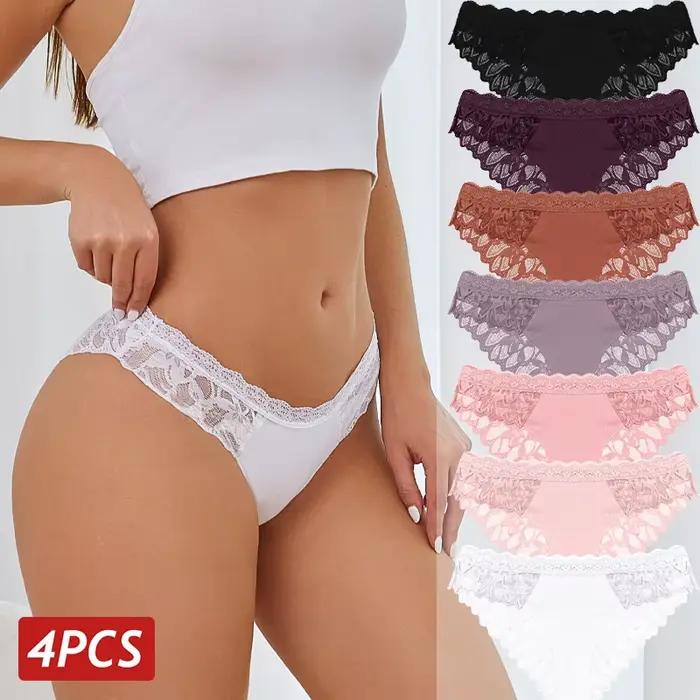 4 pièces/ensemble Sexy dentelle florale culottes femmes respirant slips Perspective taille basse Sexy Lingerie femme doux couleur unie sous-vêtements