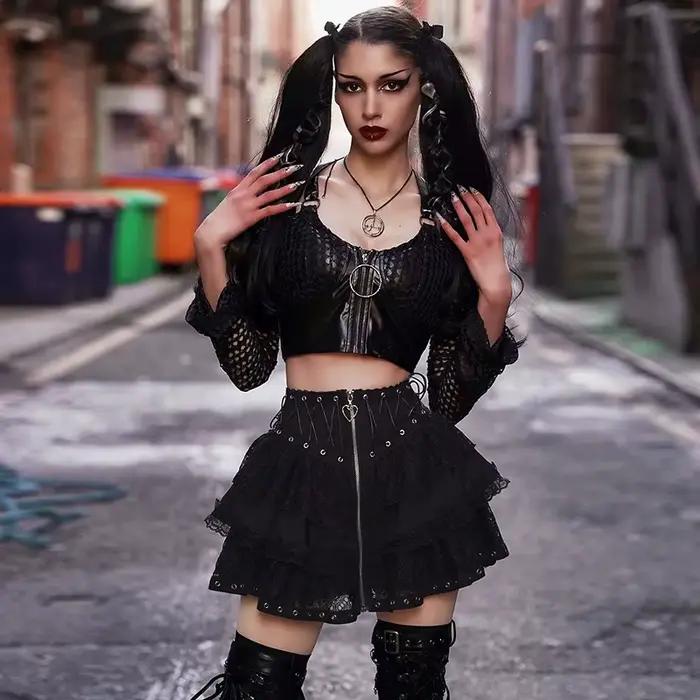 Gotická korčuliarka Punk Vintage vysoký pás sukňa ženy zips vpredu Štýl japonský Kawaii čierny Harajuku Cosplay