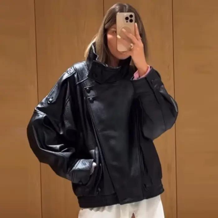 HXAO Čierna bunda z umelej kože pre ženy nový strih oversized bomber