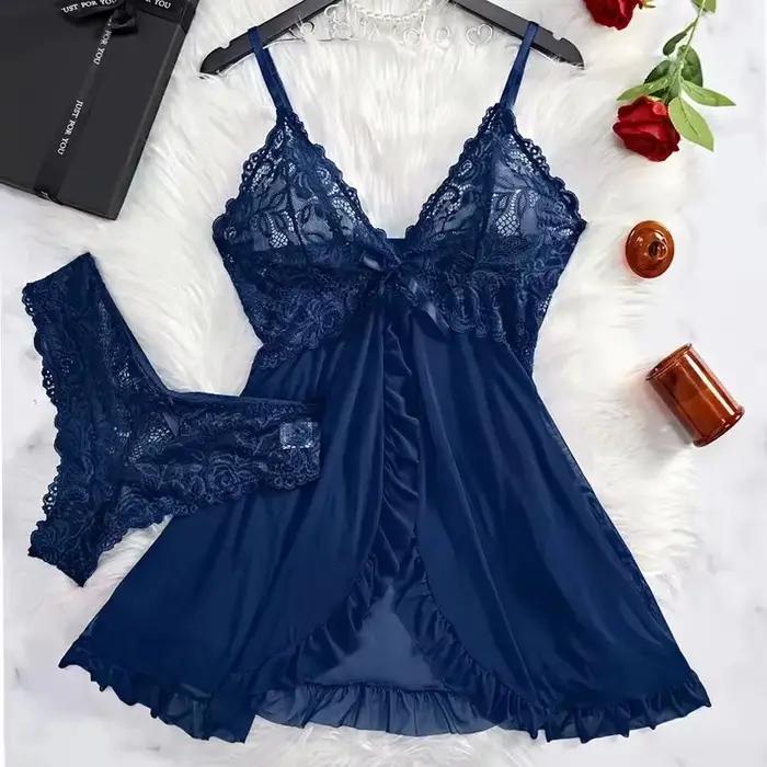 Ensemble de Lingerie en dentelle pour femmes, nuisette transparente, chemise de nuit avec culotte, vêtements de nuit Sexy en dentelle, ensemble pyjama pour femmes