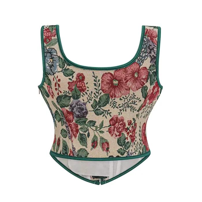 Vert motif Floral taille formation surbuste gothique médiéval Corset à lacets désossé Sexy gilet haut femmes Vintage Steampunk vêtements