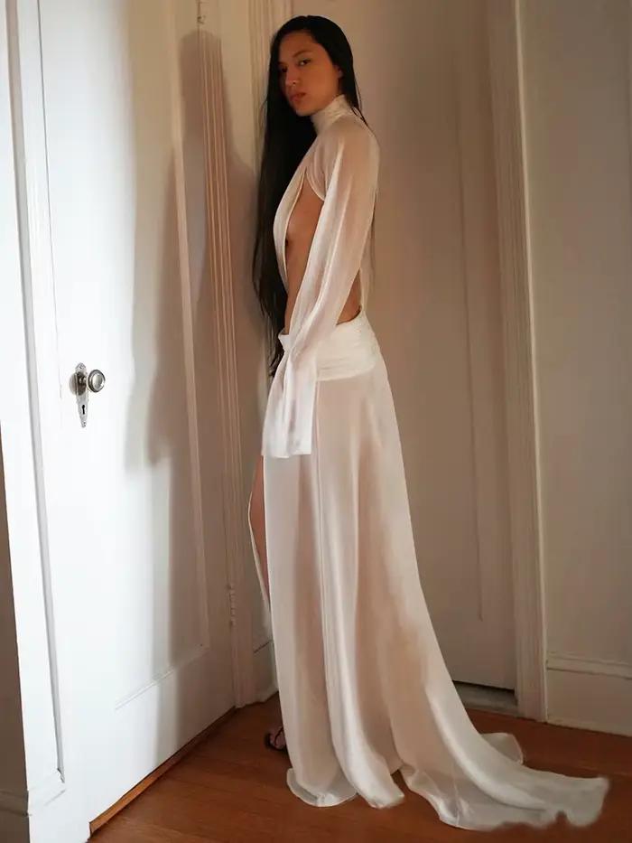 Nibber Elegantný 2-dielny Set pre Ženy Priesvitný Rolák Nepravidelný Crop Top + Zodpovedajúca Sukňa Clubwear