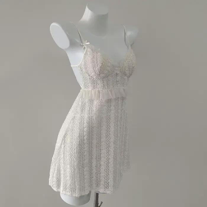 Nouvelle Nuisette Française Rétro en Dentelle avec Coussinets de Poitrine, Pyjama Sexy à Bretelles pour Femme, Sous-vêtements Tricotés Rayés