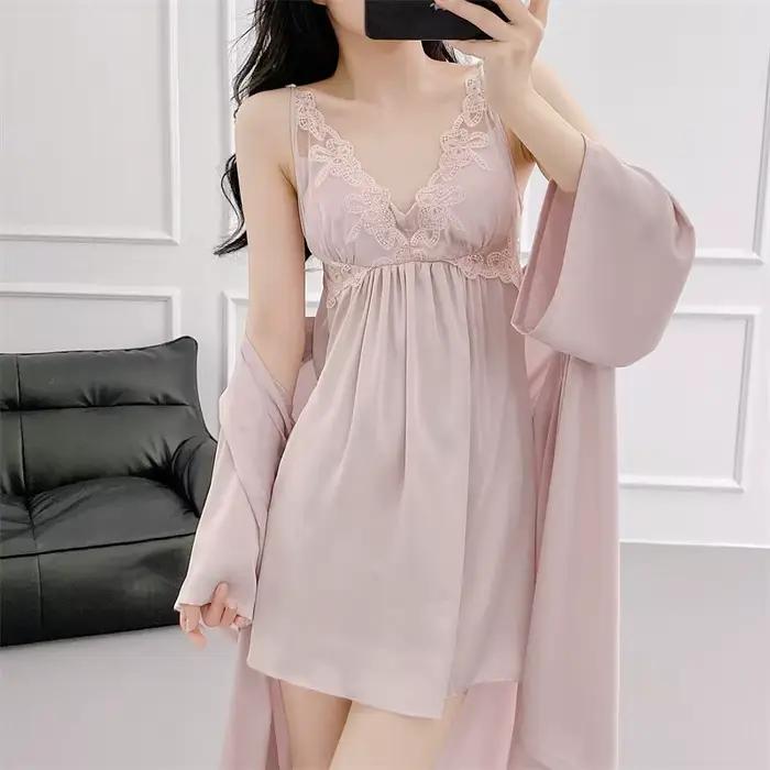 Nuisette et Robe en soie glacée, vêtements de nuit, ensemble Kimono deux pièces en dentelle, Long peignoir élégant, chemise de nuit Sexy, vêtements de maison
