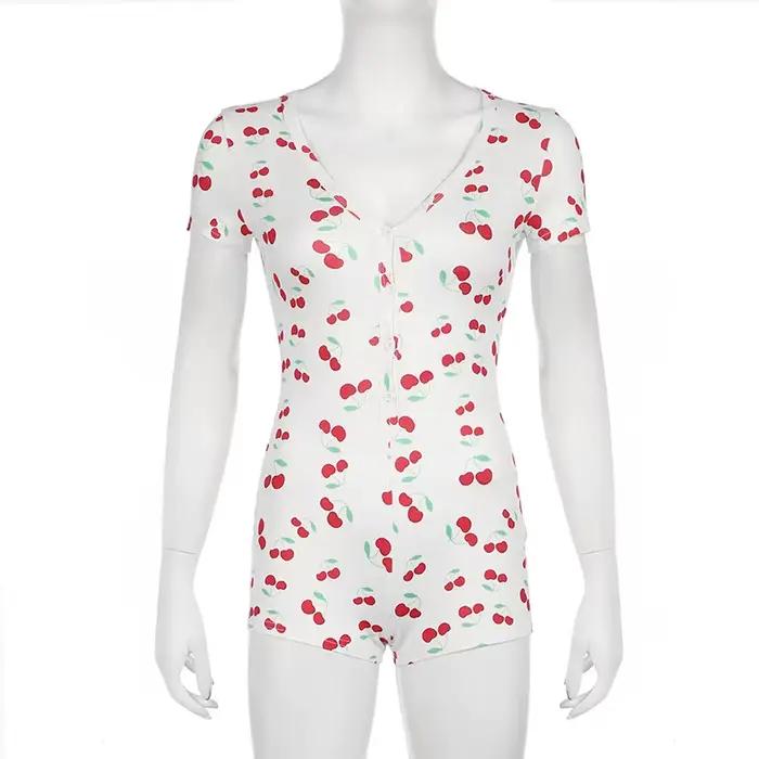 Pyjama femme Onesies bouton avant imprimé cerise col en v manches courtes barboteuse combinaison chemise de nuit vêtements de nuit