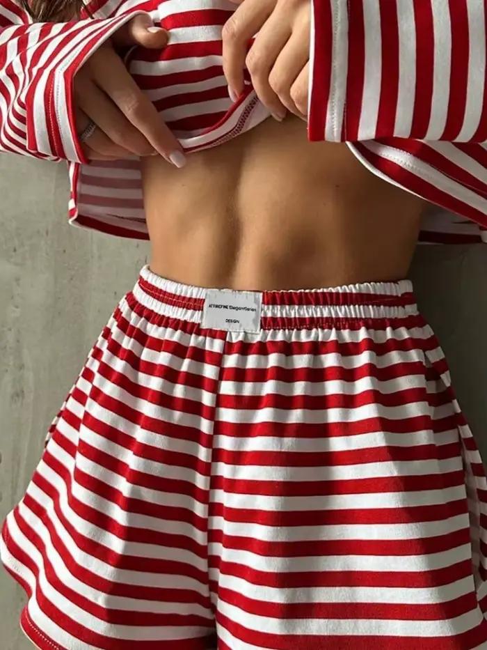Ensemble de pyjamas légers pour femmes, style élégant, col rond, shorts courts, motifs rayés, pour le sommeil et la détente été