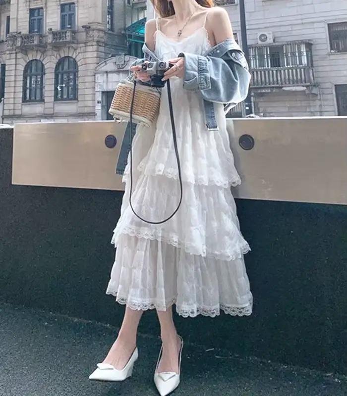 Letné Befree dlhé Vintage ležérne volány elegantné Maxi ramienka Camis hodvábna pláž čipka