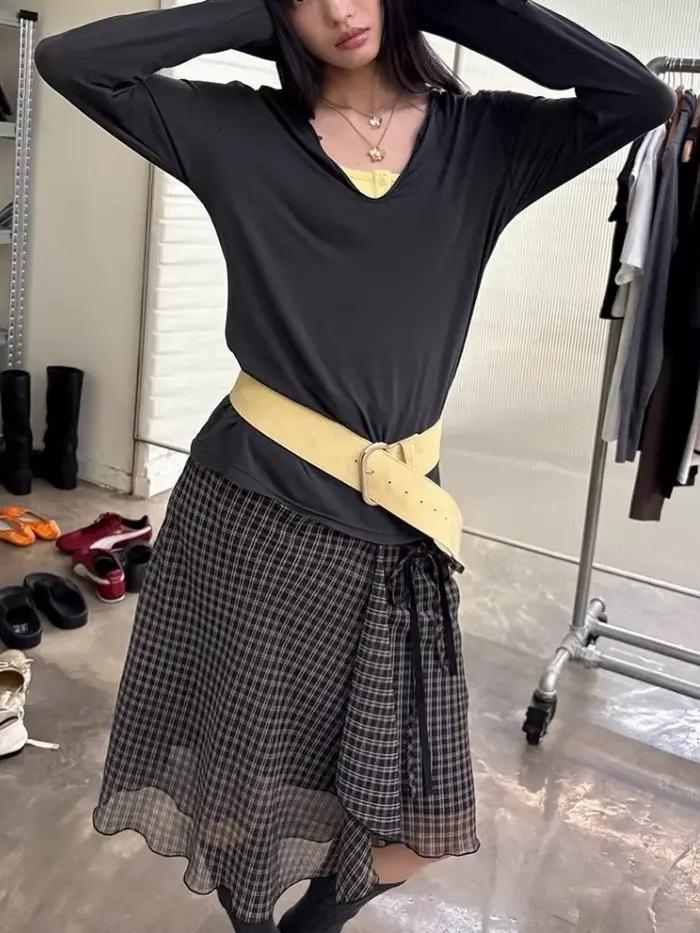 Deeptown Vintage Plaid sieťovaná sukňa pre ženy japonská asymetrická midi
