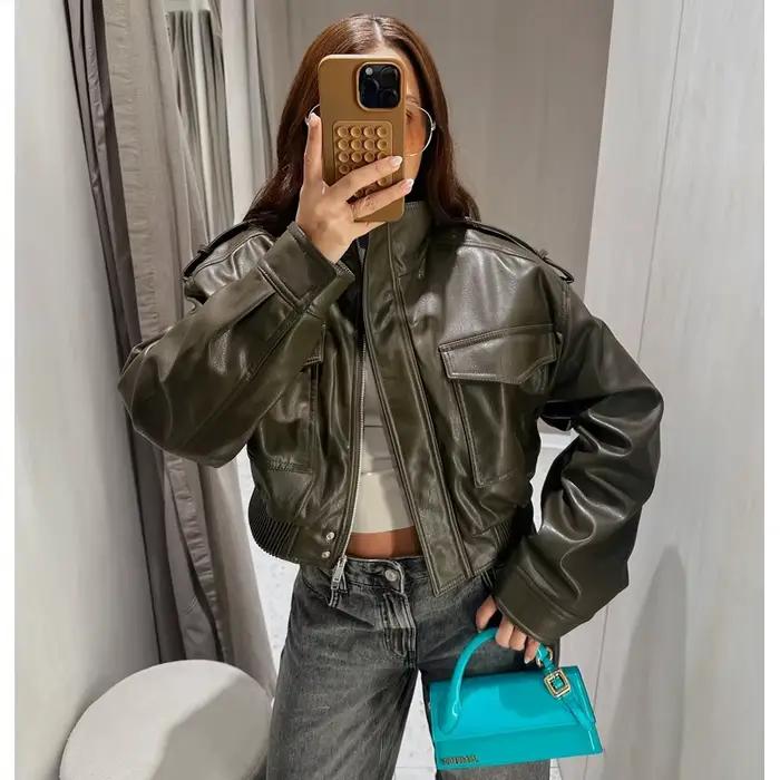 MUJER Umelá koža Strihaná bunda ženy Bomber Polosezónne bundy pre