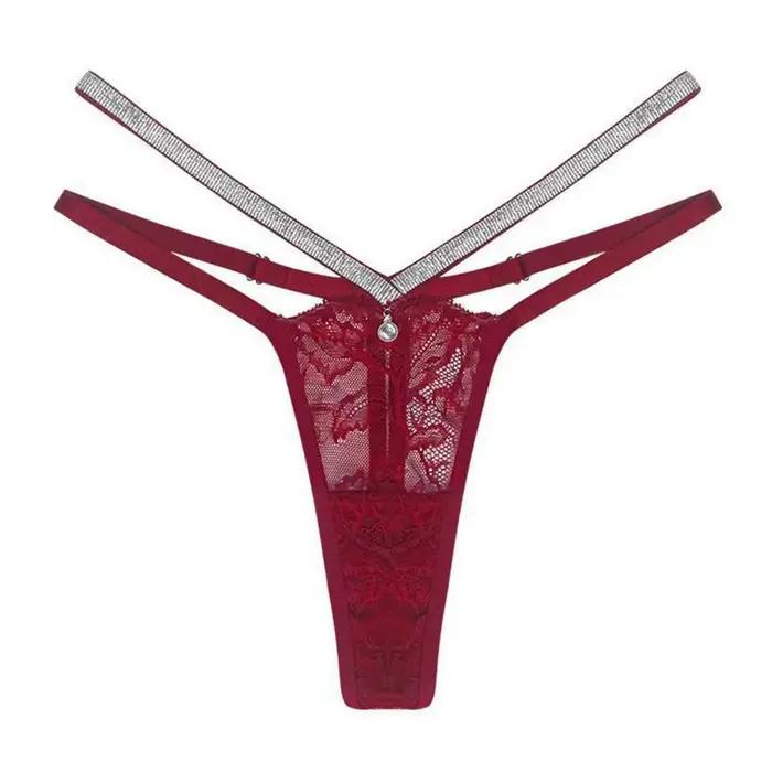 Culotte transparente en dentelle pour femme, string scintillant sexy en dentelle florale, sous-vêtement transparent à bretelles, string à strass, culotte extensible 95%