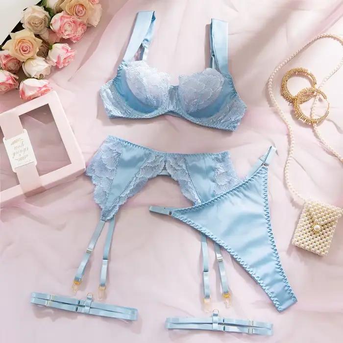 Ensemble de Lingerie Saint-Valentin Sexy et Élégant en Satin, Soutien-Gorge, Ceinture, String 3 Pièces avec Jarretelles, Broderie Florale Premium Attrayante
