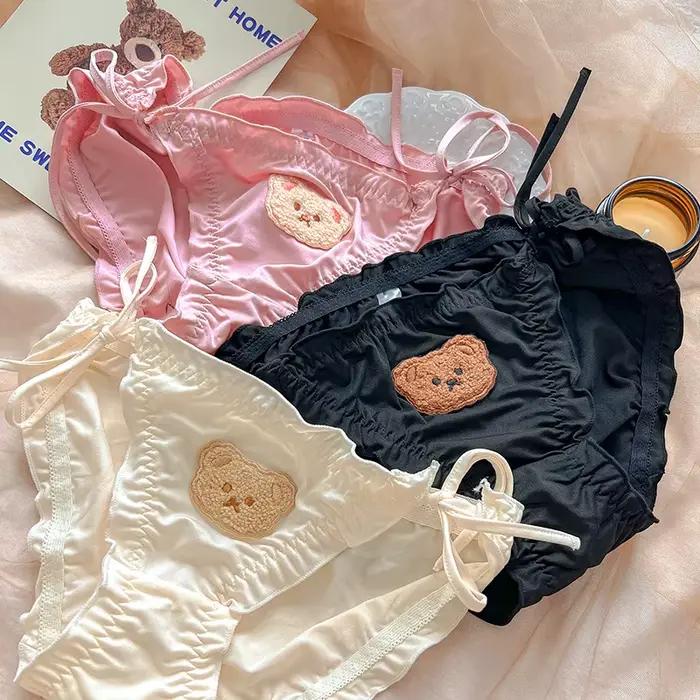 Injpanties de lait brodés d'ours de dessin animé pour femmes, slips à nœud princesse Lolita, sous-vêtements grande taille, lingerie mignonne Sweety