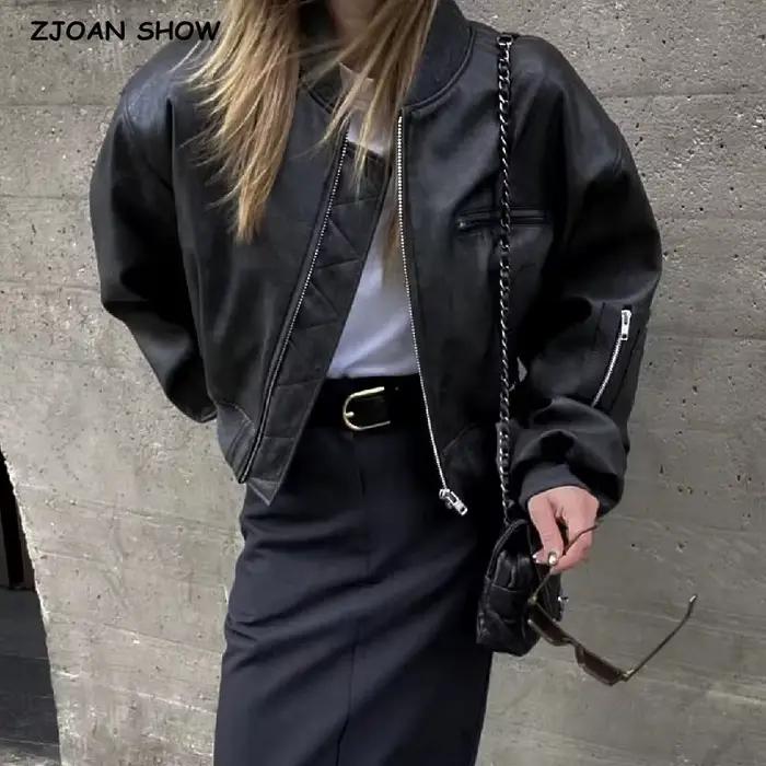Dámska Y2K PU kožená bunda s rebrovaným V-výstrihom