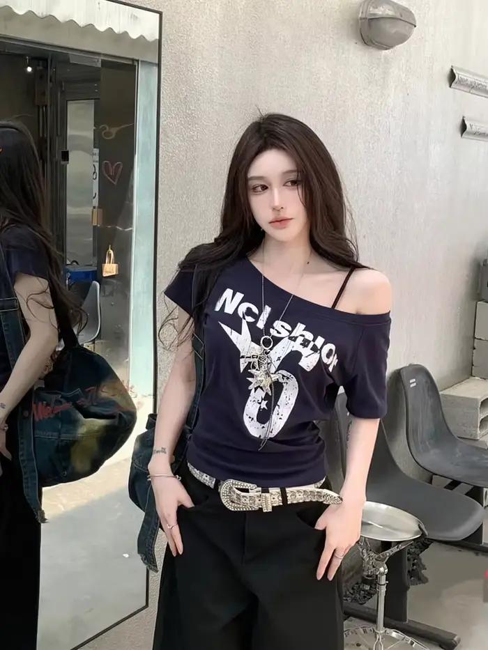 Y2k Športové Letné Odhalené Ramená Top pre Ženy Sexy Vintage 2000 Krátky Rukáv Tričko Dámske Základné Krátke Top